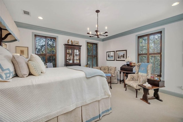 113 Cabretta Island Cir, Brunswick, GA 31520 - carpeted bedroom featuring an inviting chandelier, multiple windows, crown molding, and visible vents
