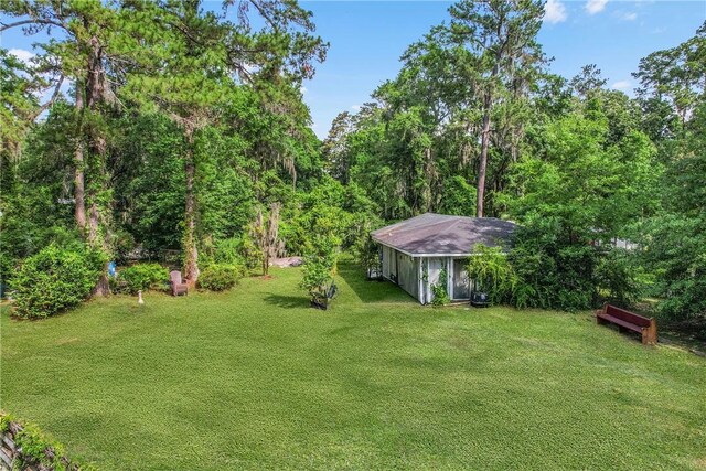 156 Lansing St, Brunswick, GA 31525 - view of green lawn featuring a view of trees and an outdoor structure