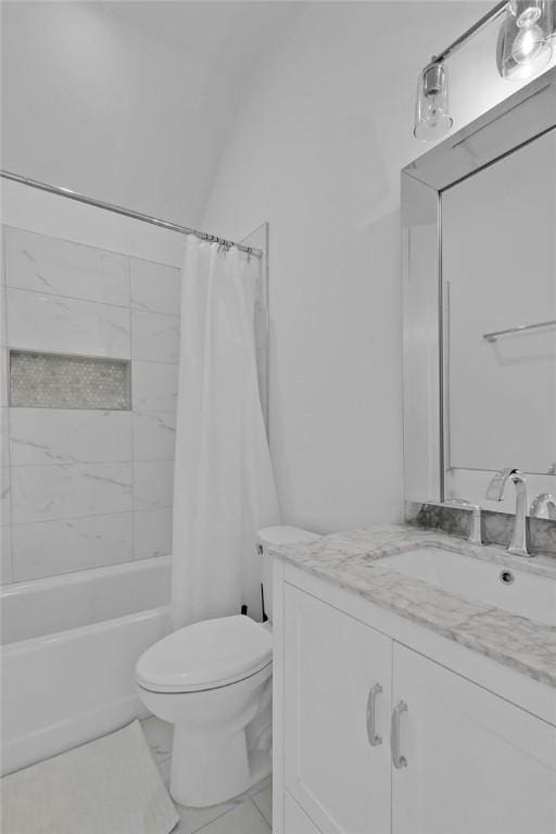 full bathroom with vanity, toilet, and shower / bathtub combination with curtain