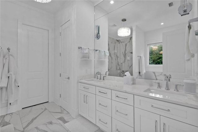 bathroom with vanity and walk in shower