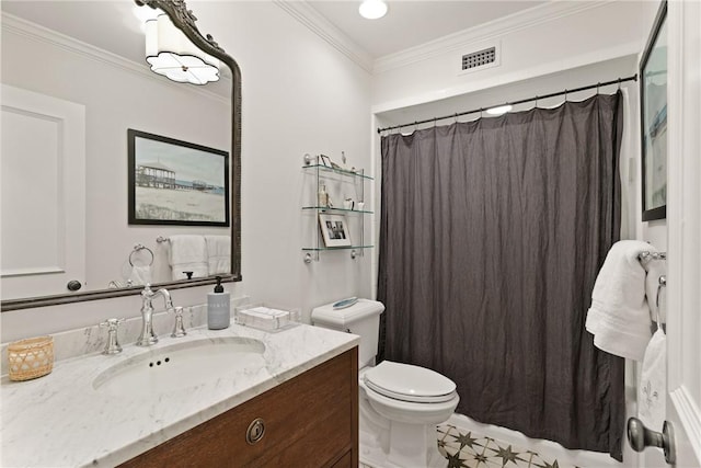 bathroom featuring visible vents, toilet, a shower with shower curtain, crown molding, and vanity