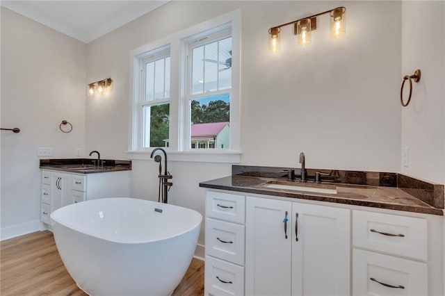 bathroom with hardwood / wood-style floors, a washtub, and vanity