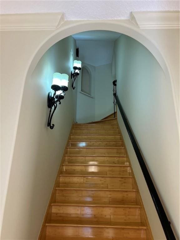 staircase with hardwood / wood-style floors