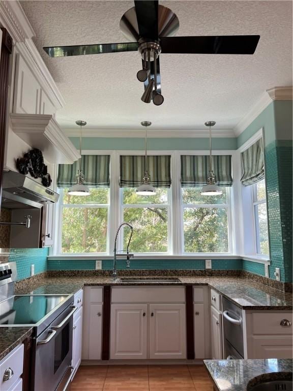 kitchen featuring stainless steel range with electric cooktop, sink, and white cabinets