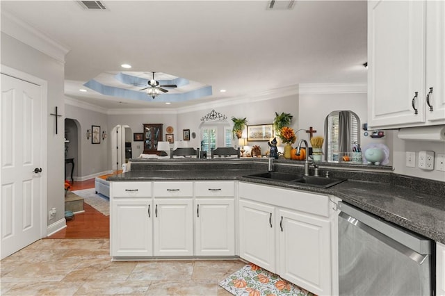 kitchen with white cabinets, ceiling fan, crown molding, sink, and dishwasher