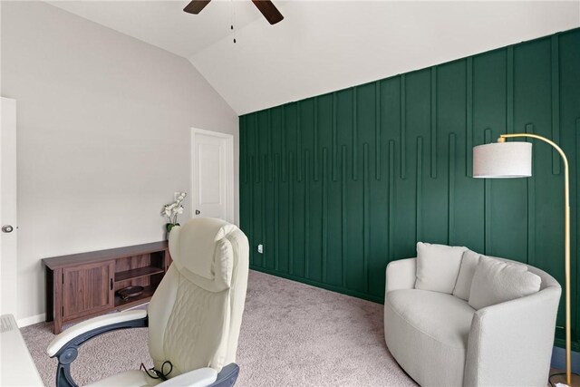 116 Heatherly Way, Brunswick, GA 31523 - home office featuring carpet floors, a ceiling fan, and lofted ceiling