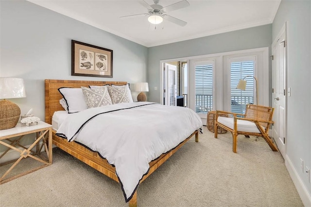 bedroom with carpet, ceiling fan, access to exterior, and crown molding