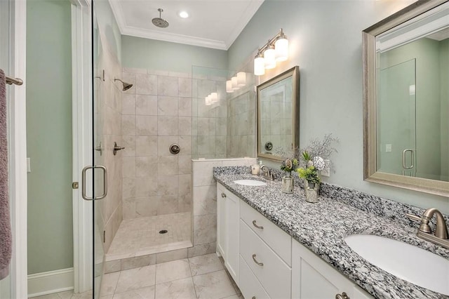 bathroom featuring walk in shower, tile patterned flooring, vanity, and ornamental molding