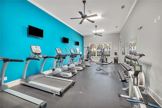 workout area with ceiling fan and crown molding