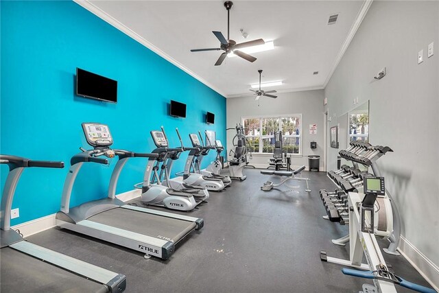 workout area with ceiling fan and crown molding