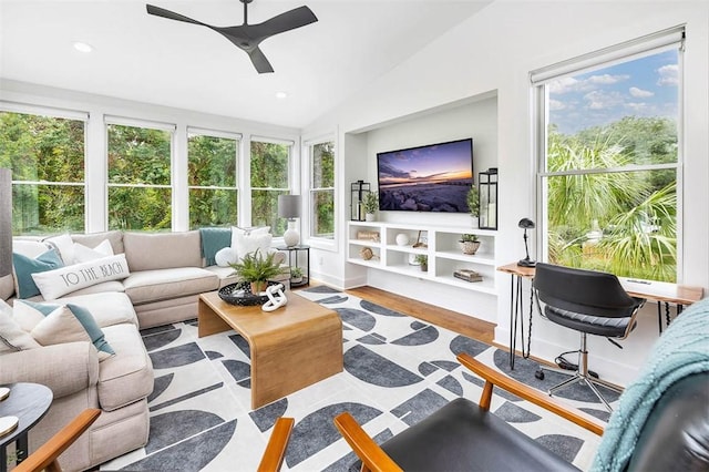 10 Fern Ln, Saint Simons Island, GA 31522 - living room with plenty of natural light, a ceiling fan, vaulted ceiling, recessed lighting, and wood finished floors