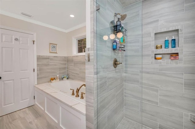19 Wimbledon Ct, Saint Simons Island, GA 31522 - full bathroom with a stall shower, a bath, and crown molding