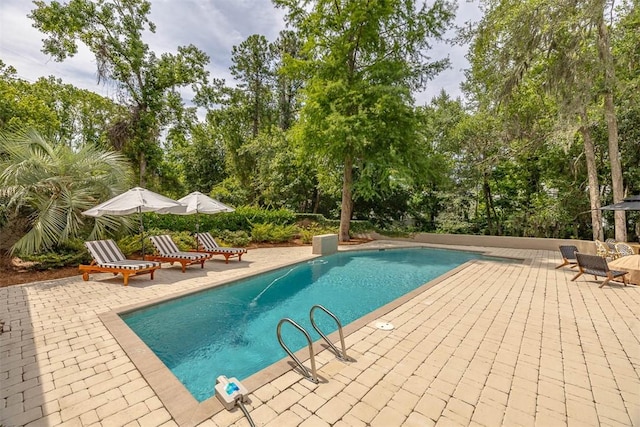 19 Wimbledon Ct, Saint Simons Island, GA 31522 - outdoor pool featuring a patio and view of scattered trees