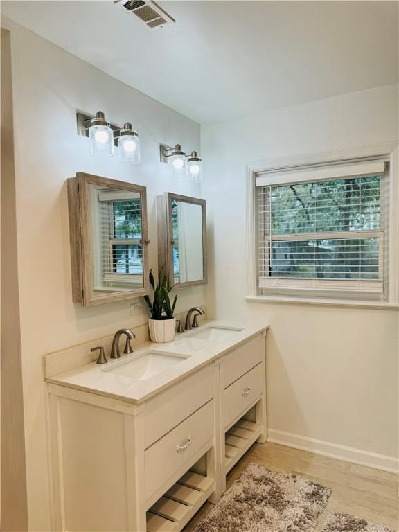 bathroom with hardwood / wood-style floors and vanity