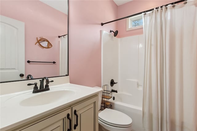 full bath with vanity, toilet, and shower / bathtub combination with curtain