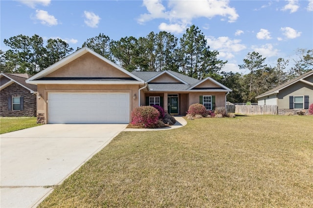 ranch-style home featuring driveway, an attached garage, fence, a front lawn, and stucco siding