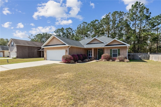 ranch-style home with stucco siding, an attached garage, fence, driveway, and a front lawn