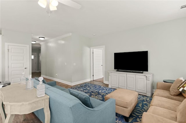 1616 Ashantilly Dr, Darien, GA 31305 - living area with ceiling fan, crown molding, and wood finished floors