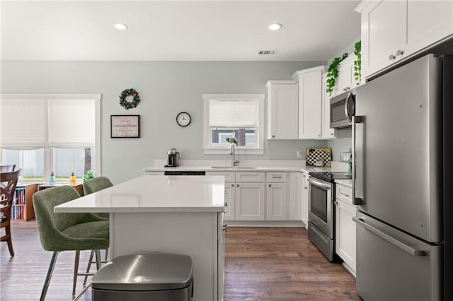 1616 Ashantilly Dr, Darien, GA 31305 - kitchen with stainless steel appliances, a kitchen island, a kitchen breakfast bar, white cabinetry, and light countertops