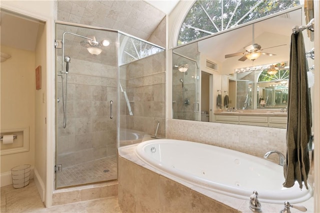 full bathroom with a stall shower, visible vents, lofted ceiling, a garden tub, and tile patterned flooring