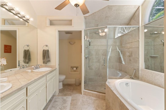 full bath with a stall shower, a sink, a bath, and tile patterned floors