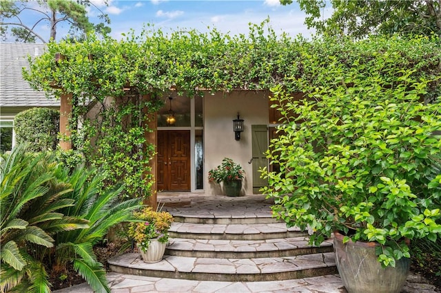 doorway to property with stucco siding