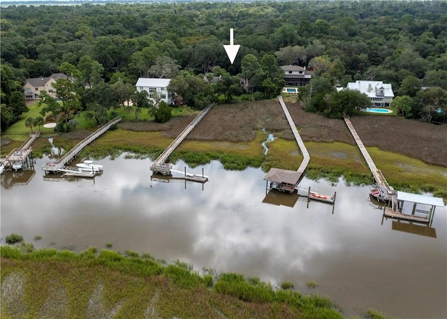 bird's eye view featuring a water view and a forest view