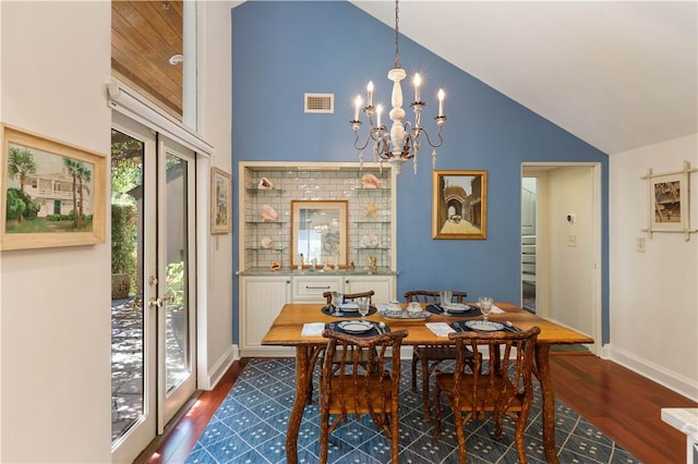 dining space with dark wood-style floors, visible vents, a notable chandelier, and baseboards