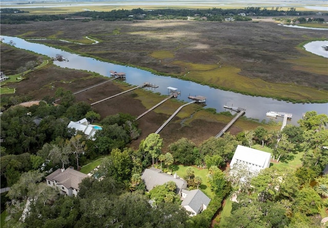 drone / aerial view with a water view