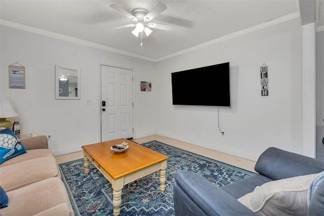 103 Travellers Way, Saint Simons Island, GA 31522 - living room with ceiling fan, crown molding, and a textured ceiling