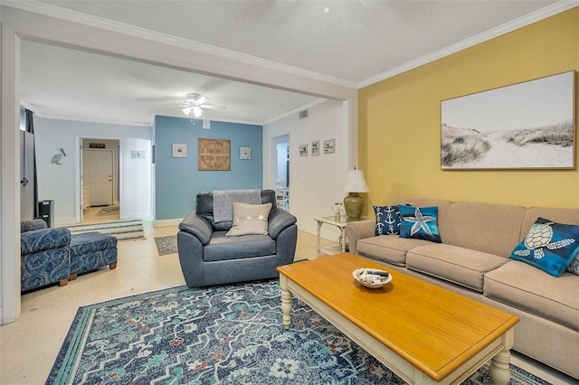 103 Travellers Way, Saint Simons Island, GA 31522 - living area featuring ornamental molding, a ceiling fan, and a textured ceiling