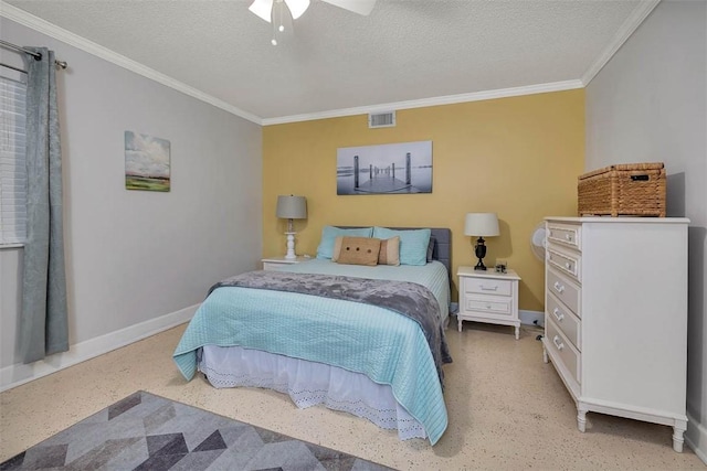 103 Travellers Way, Saint Simons Island, GA 31522 - bedroom featuring crown molding, a textured ceiling, speckle patterned floor, and ceiling fan
