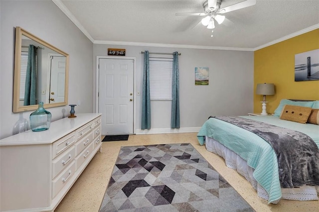 103 Travellers Way, Saint Simons Island, GA 31522 - bedroom featuring ornamental molding, ceiling fan, and a textured ceiling