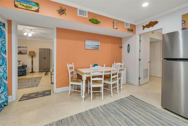 103 Travellers Way, Saint Simons Island, GA 31522 - dining space with ornamental molding, a ceiling fan, speckle patterned floor, and recessed lighting