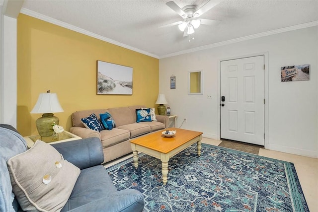 103 Travellers Way, Saint Simons Island, GA 31522 - living room featuring ornamental molding, ceiling fan, and a textured ceiling