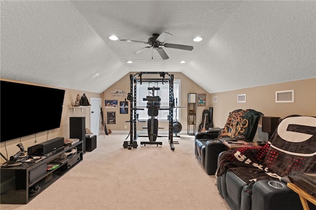 11 Bice Ct, Waverly, GA 31565 - home theater room featuring a textured ceiling, a ceiling fan, carpet floors, and lofted ceiling