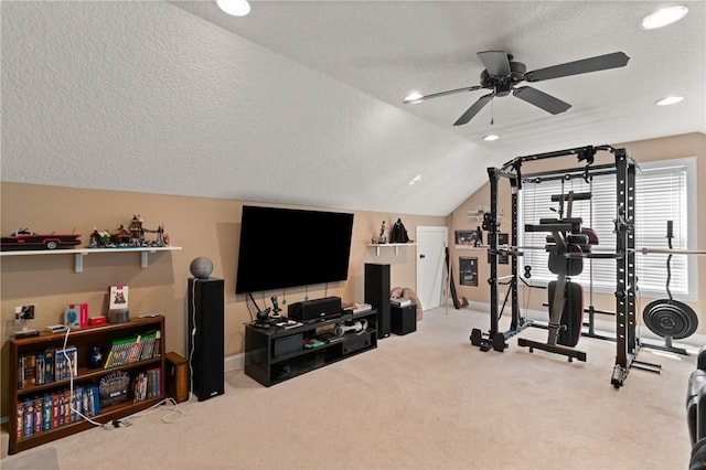 11 Bice Ct, Waverly, GA 31565 - exercise room featuring ceiling fan, vaulted ceiling, carpet flooring, recessed lighting, and a textured ceiling