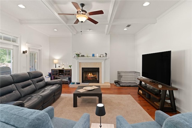 11 Bice Ct, Waverly, GA 31565 - living area featuring ceiling fan, beamed ceiling, a lit fireplace, wood finished floors, and ornamental molding