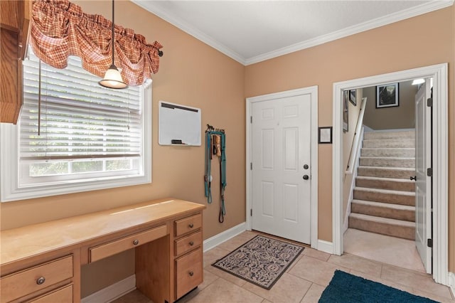 11 Bice Ct, Waverly, GA 31565 - foyer entrance with crown molding, stairway, and light tile patterned flooring