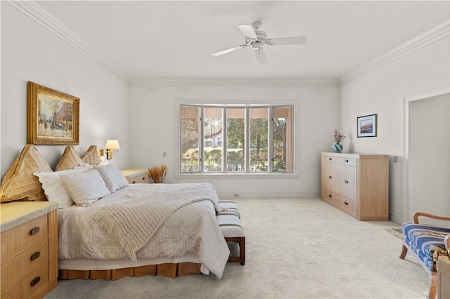 bedroom with ceiling fan, crown molding, and light carpet