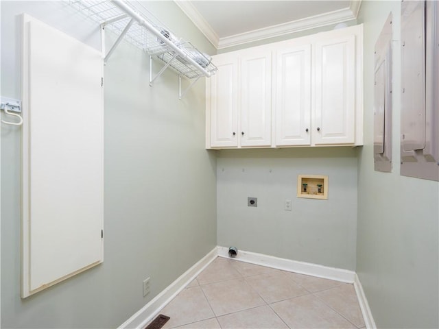 laundry room with washer hookup, cabinets, electric dryer hookup, electric panel, and ornamental molding