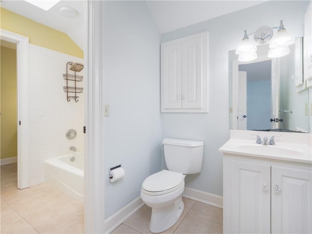 full bathroom featuring tile patterned floors, lofted ceiling, toilet, vanity, and bathtub / shower combination