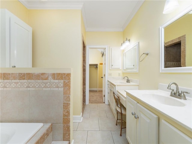 bathroom with tile patterned floors, vanity, and crown molding