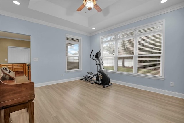 workout area with a tray ceiling, a wealth of natural light, ornamental molding, and light wood-type flooring