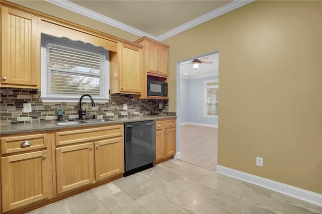 kitchen with sink, ceiling fan, ornamental molding, black appliances, and decorative backsplash