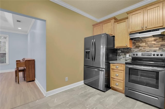 kitchen featuring ornamental molding, appliances with stainless steel finishes, light brown cabinets, and backsplash