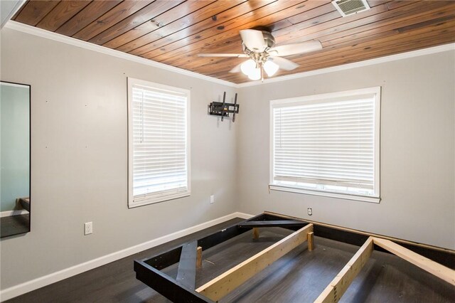 interior space featuring visible vents, wooden ceiling, crown molding, baseboards, and ceiling fan