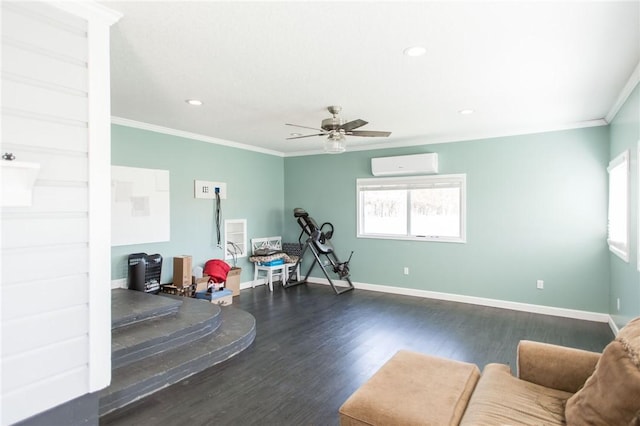 living area featuring dark wood-style floors, a wall unit AC, ornamental molding, and a healthy amount of sunlight