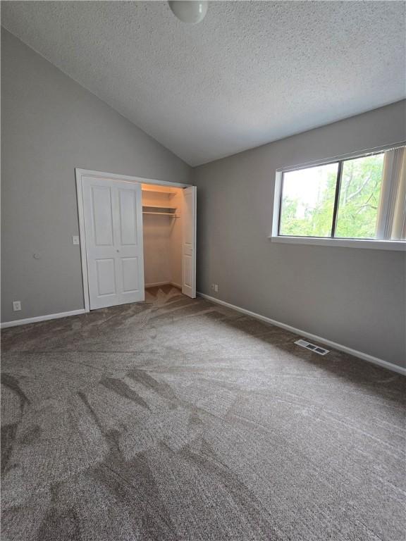 900 Lanier Blvd Unit 6, Brunswick, GA 31520 - unfurnished bedroom with a textured ceiling, carpet, lofted ceiling, and a closet