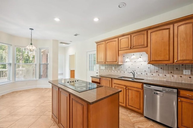 340 Oak Grove Island Dr, Brunswick, GA 31523 - kitchen featuring stainless steel dishwasher, black electric stovetop, backsplash, brown cabinetry, and recessed lighting